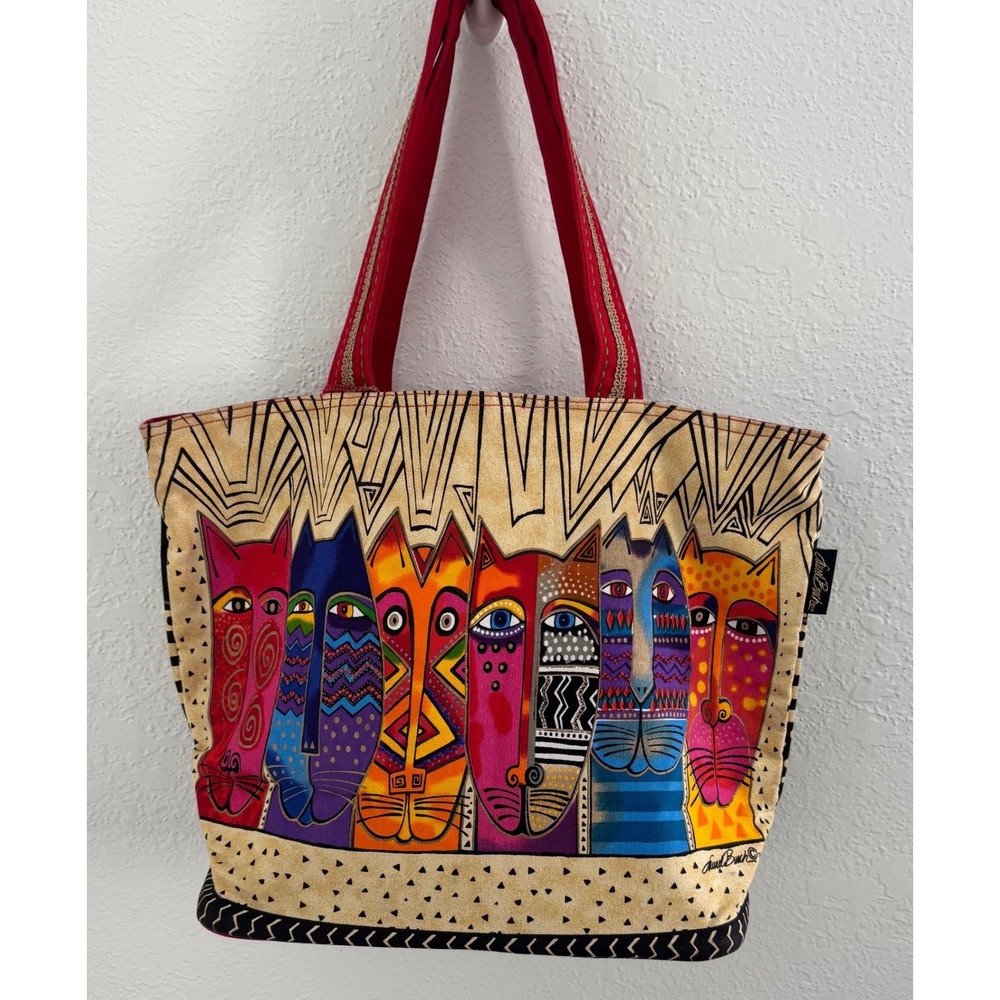 Laurel Burch Bags Cats Stripes Zippered Tote Shoulder Bag Y2K 90s Boho